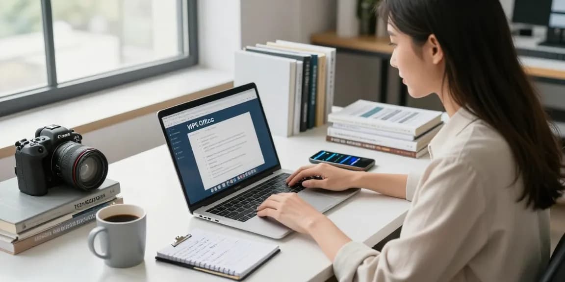 Download WPS Office in an inspiring office setting with a professional working at her laptop.