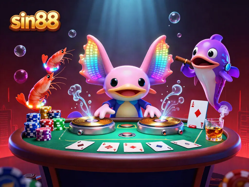 Experience vibrant casino action with sin88 featuring a neon axolotl DJ and dynamic poker elements.