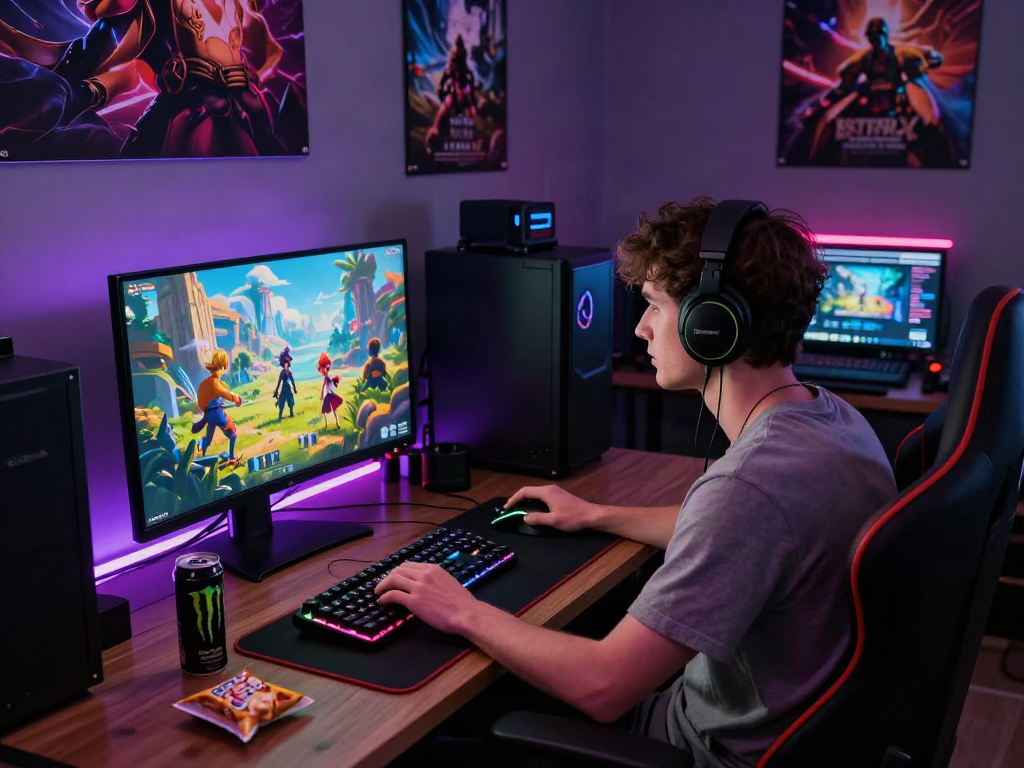 Engaged player enjoying a porn game with a vibrant fantasy interface, showcasing gaming gear and an immersive atmosphere.
