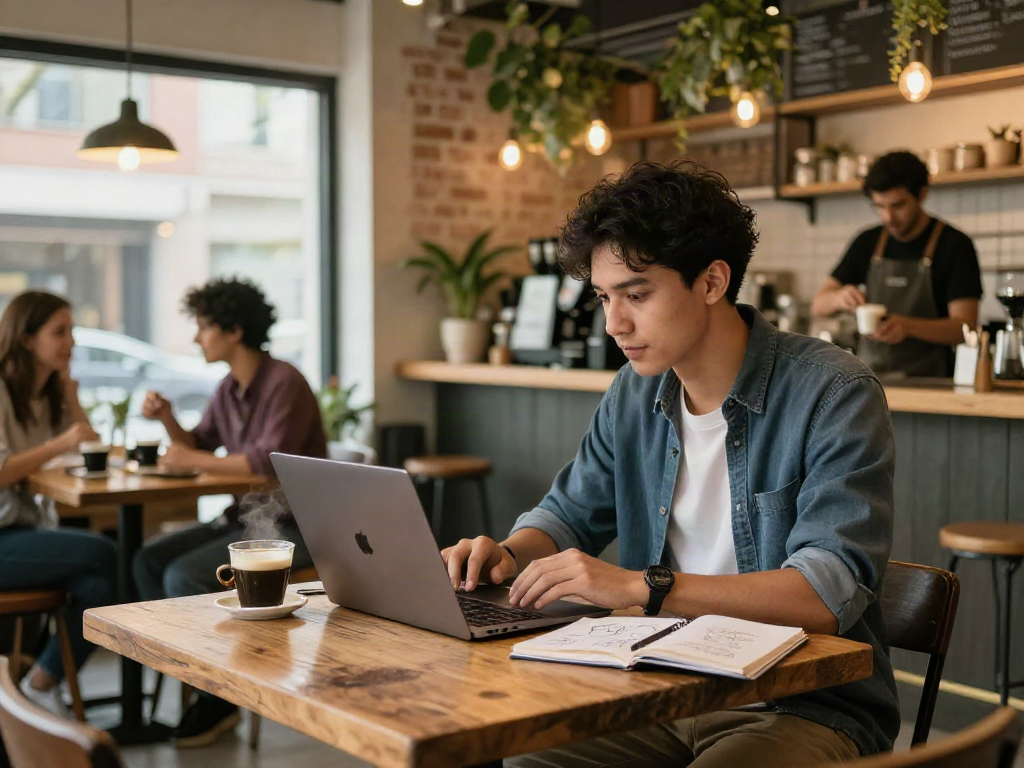 Engaging scene of a professional logging into rokok88 with coffee at a cozy urban café.