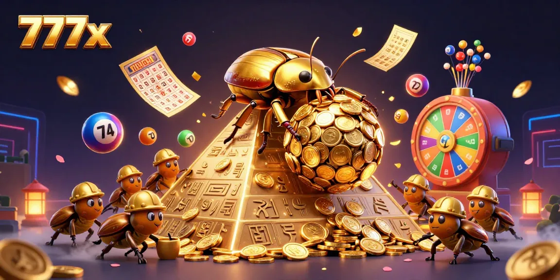Engage with 777x in a vibrant casino scene featuring golden beetles and lottery elements.