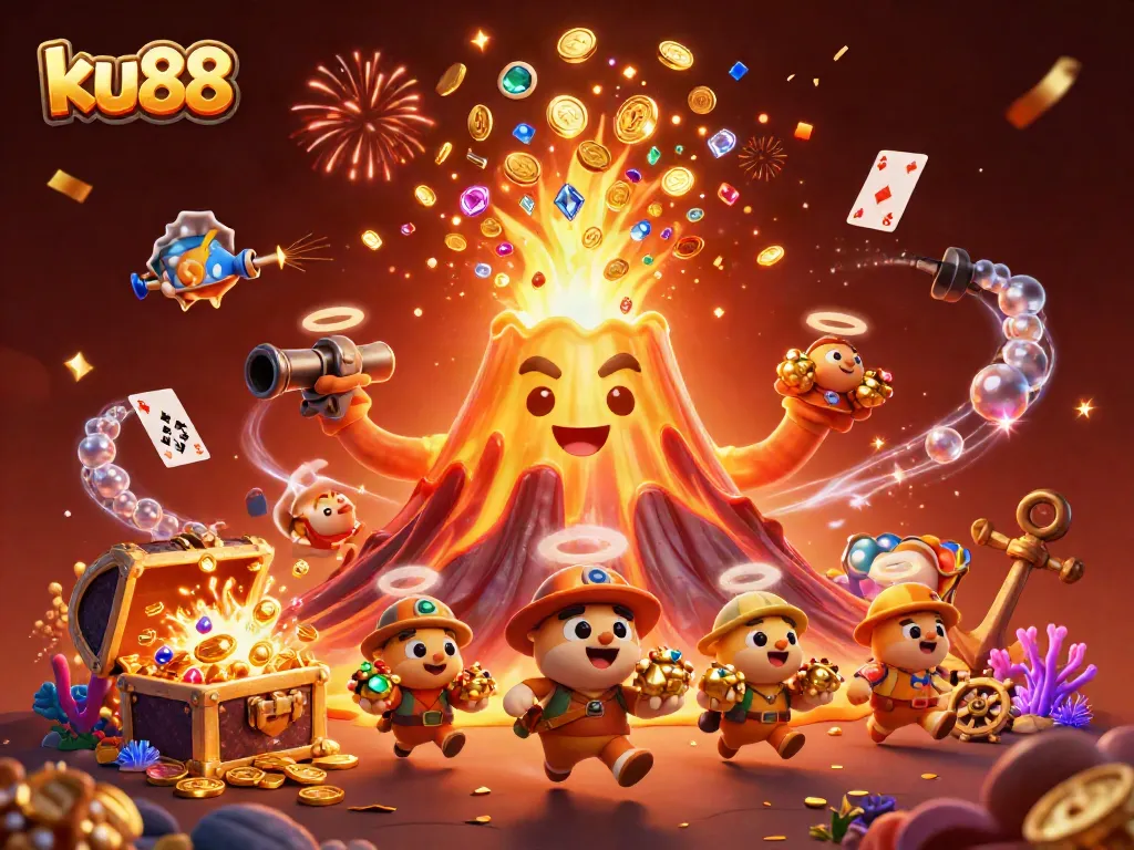ku88 showcases vibrant casino excitement with a golden volcano erupting coins amidst treasure