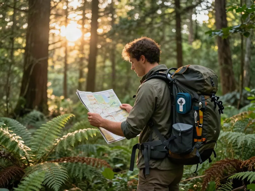 A person exploring the outdoors with rokok88 camping gear, examining a trail map in a lush forest.