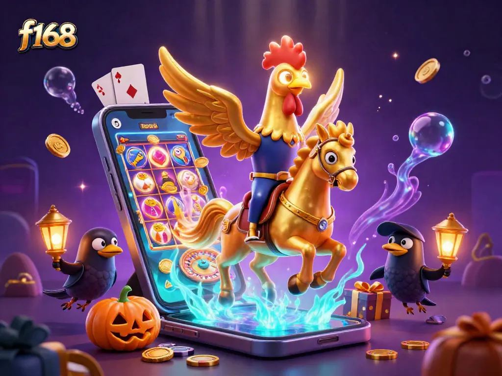 Win big at f168 with a golden rooster and captivating casino elements amidst a vibrant, magical backdrop