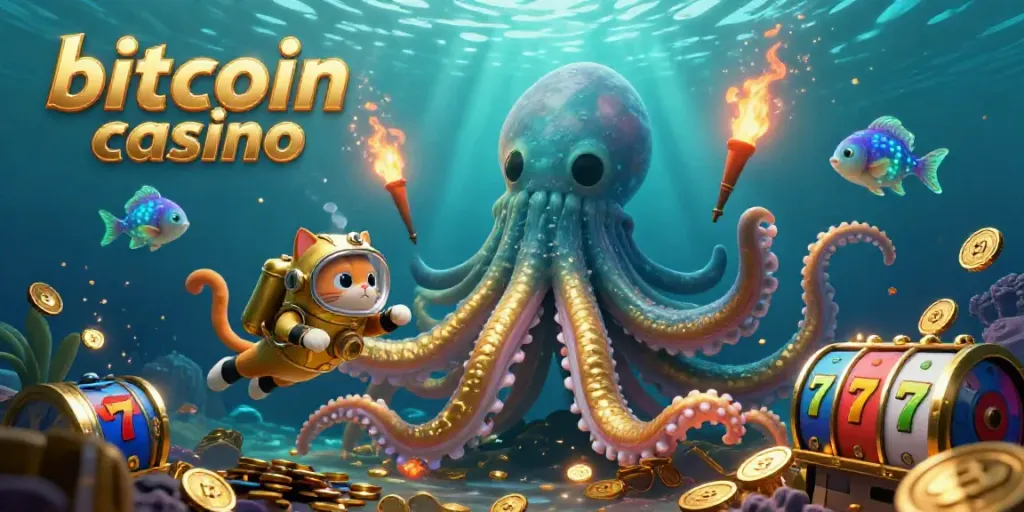 Experience exciting gameplay at a bitcoin casino with a kraken, diving cat, and vibrant slot elements.