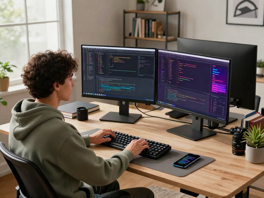 Developer coding at modern desk with dual monitors showcasing crush ai application in a bright workspace