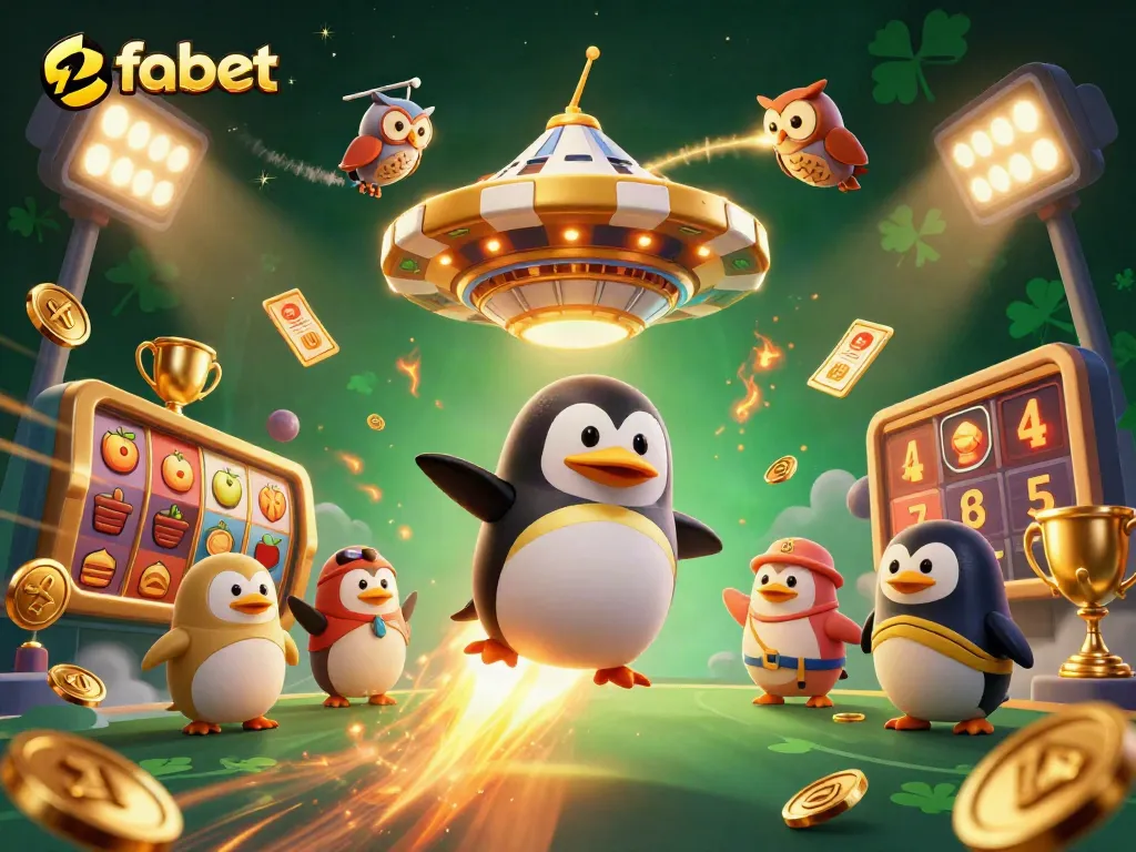 Win big at fabet with a rocket-powered penguin in a vibrant casino space adventure.