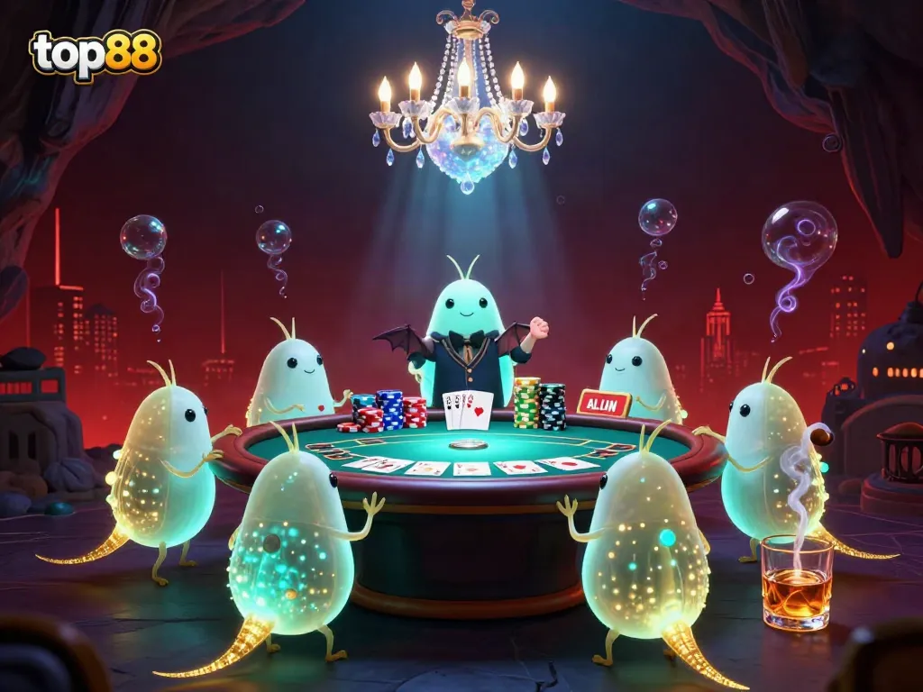Experience the vibrant casino atmosphere of top88 with glowworms illuminating the game, surrounded by poker elements.