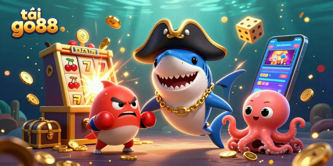 Engage in thrilling gameplay with tải go88 featuring pirate shark, pufferfish, and octopus in colorful casino scene.