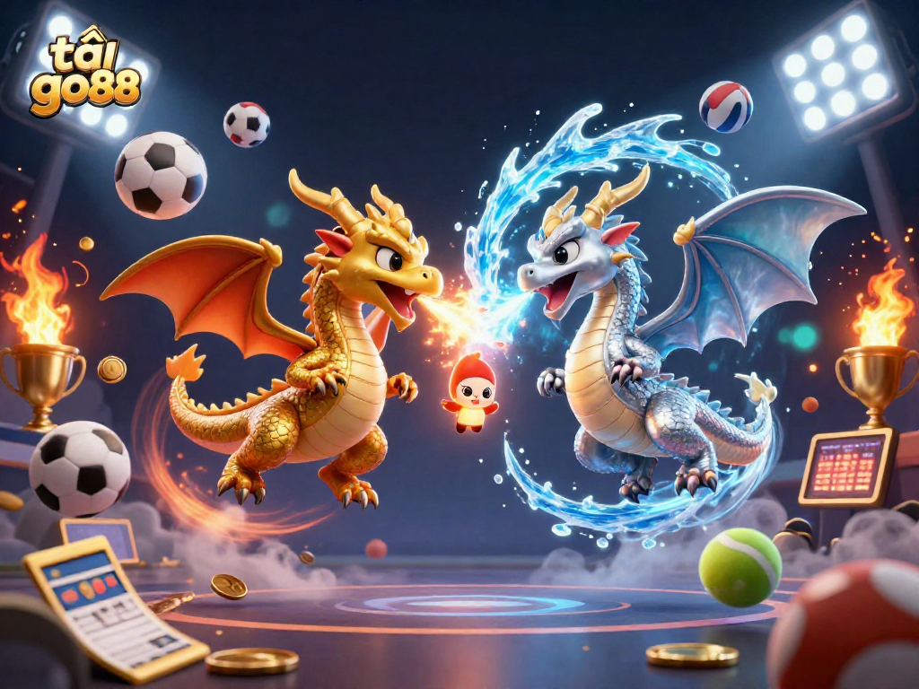 Play and win with tải go88 in a vibrant 3D casino scene featuring golden and silver dragons.