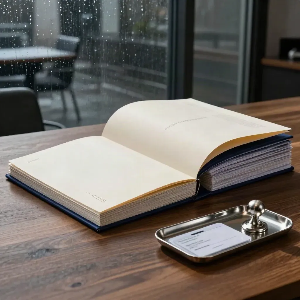 Valuation dossier, trademark folders, and seal tray on a rain-lit walnut boardroom table.
