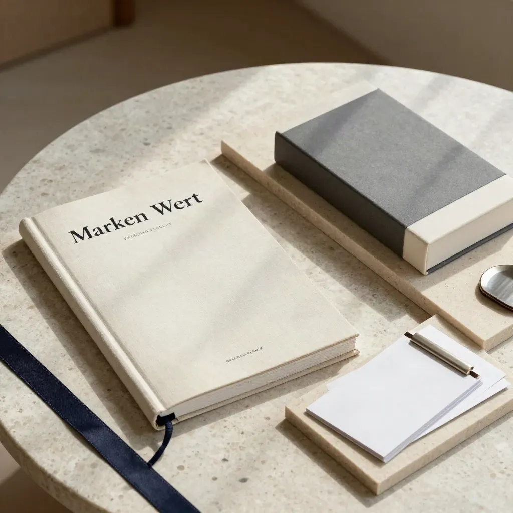 Linen valuation report, sample box, and clipped cards on travertine in warm daylight