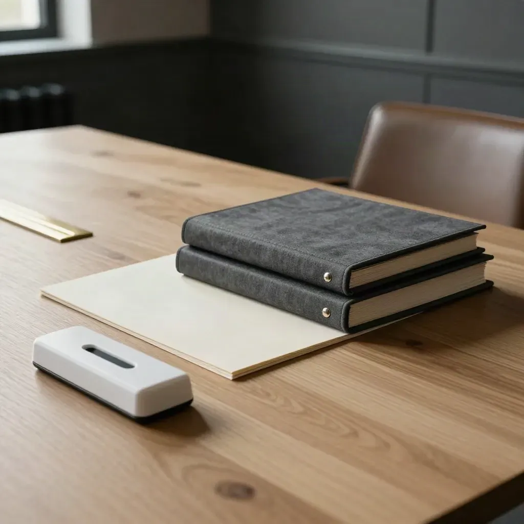 Boardroom binders, folded presentation board, and white paperweight on pale oak.