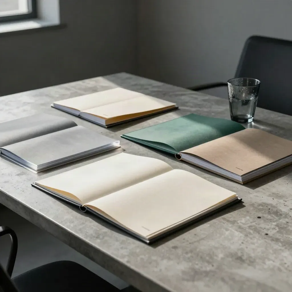 Legal review folders, translucent dividers, and a smoked-glass cup on a concrete table