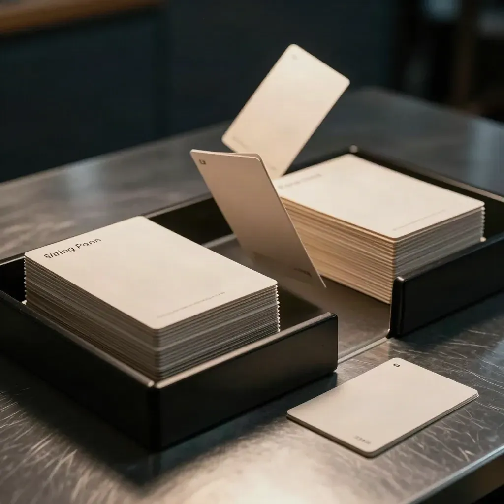 Blank naming cards flipping into trays beside a folded swatch on a steel table under warm light.