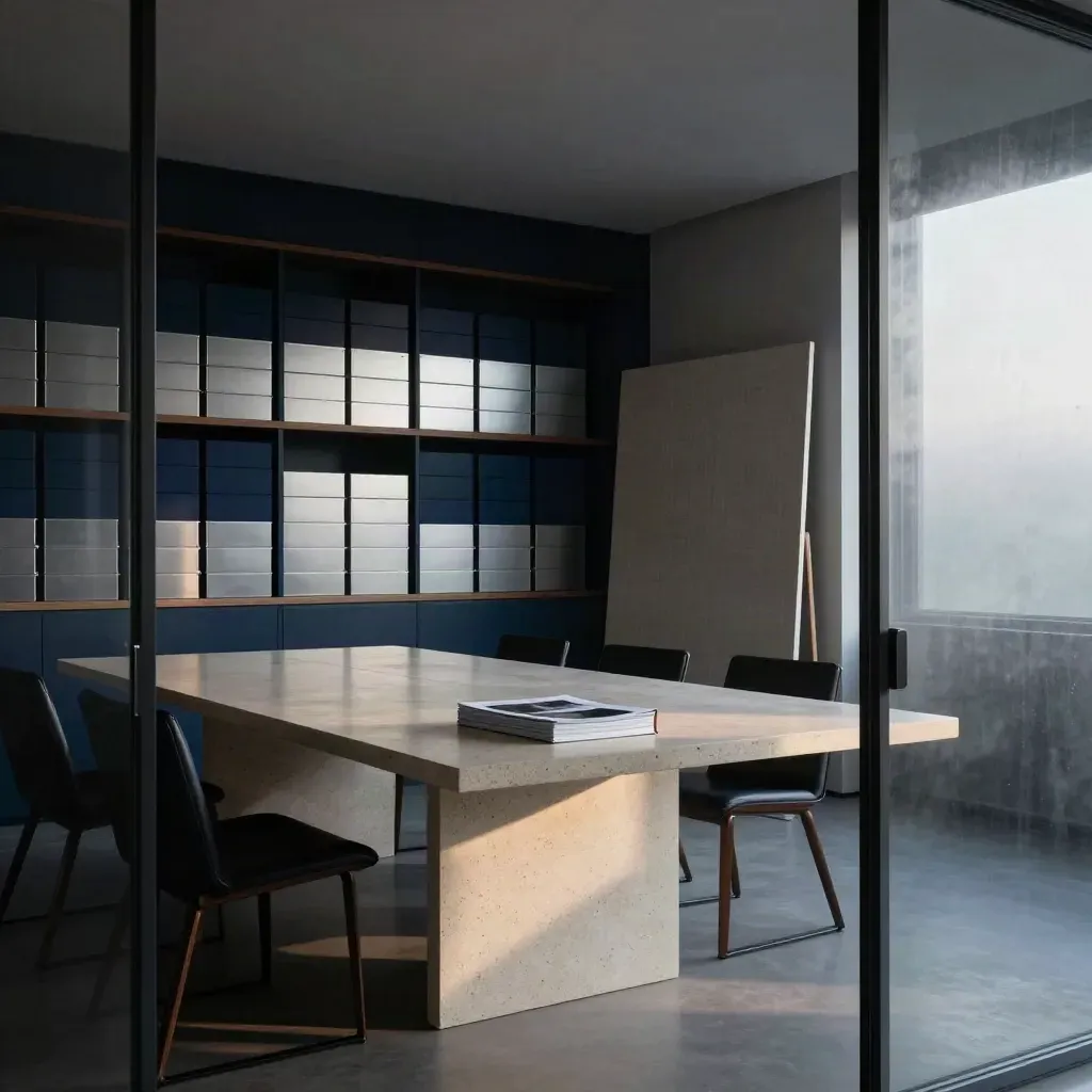 Dawn-lit boardroom with portfolio boxes, a turned presentation board, and a report stack by the table.
