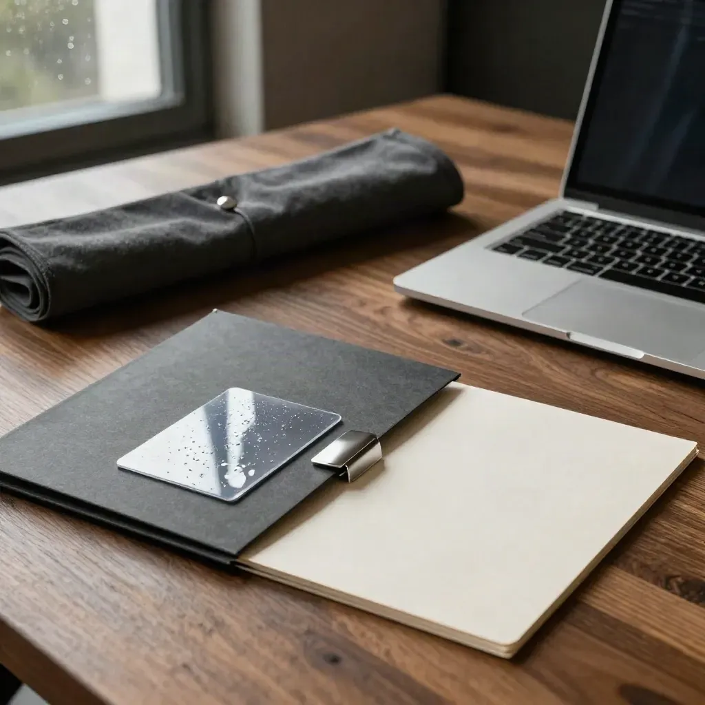 Silver-toned brand audit folders, proof cards, cloth and a dark-screen laptop on walnut wood.