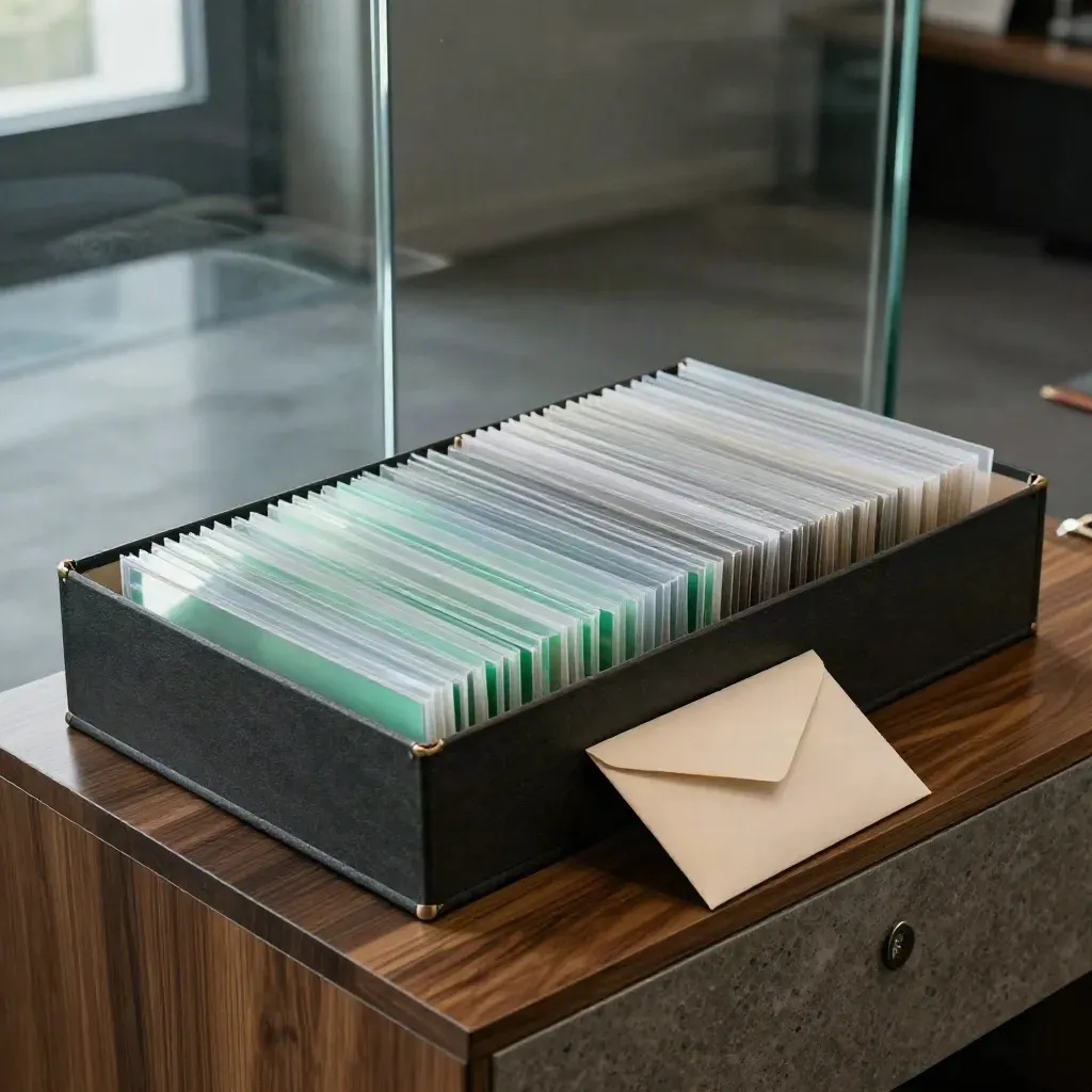 Dark file box, layered license sleeves, and sealed envelope on a conference sideboard.