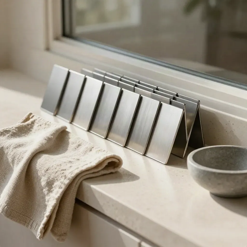Silver name plates, wool cloth, and stone bowl on sunlit travertine