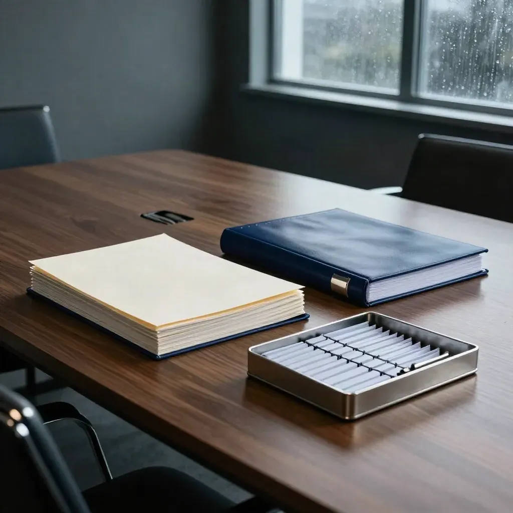 Oblique boardroom table with binder, briefing stack and metal tray in rain-glow.