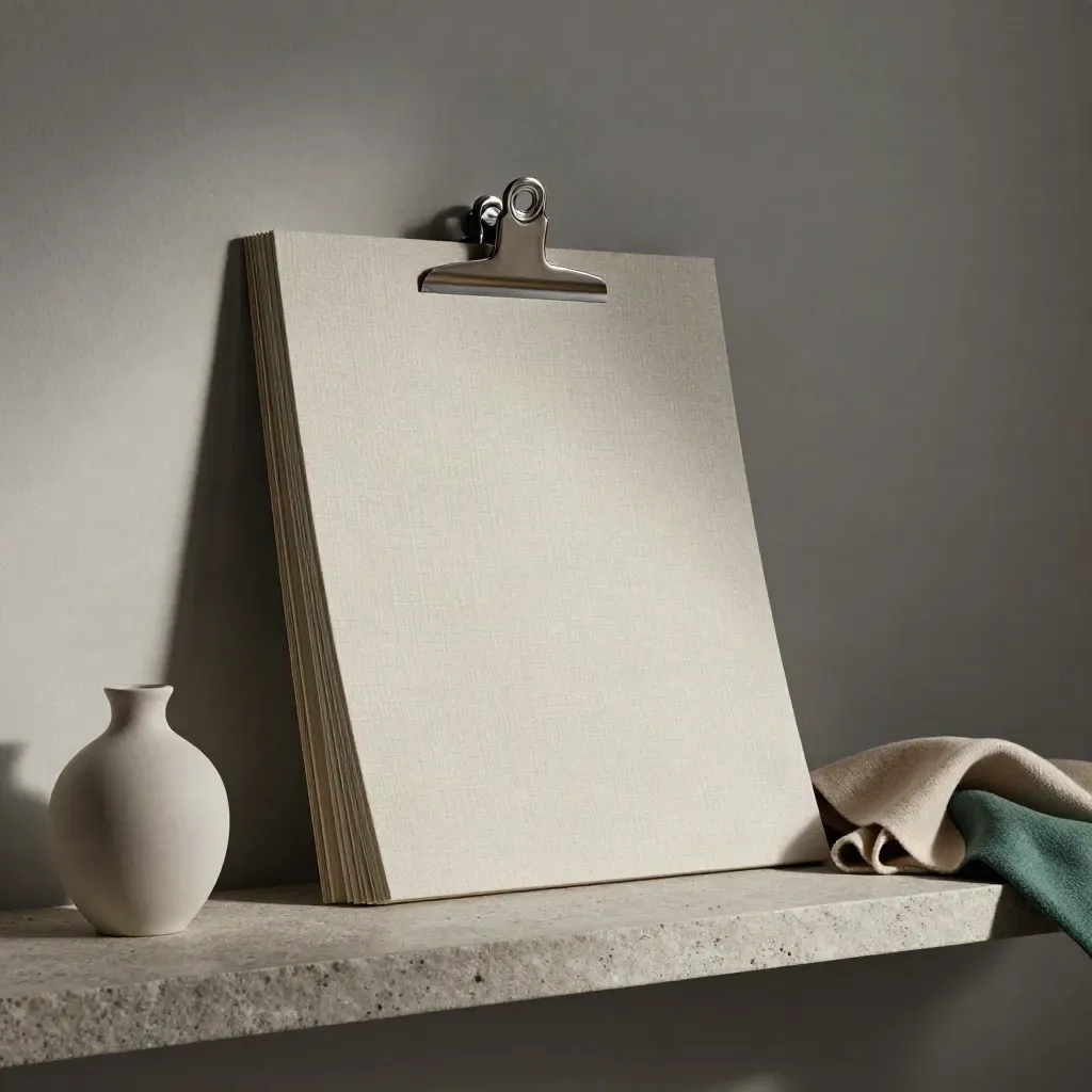 Presentation boards, metal clip, ceramic vase and wool cloth on a stone shelf in soft light