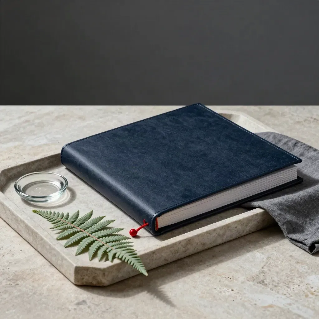 Dark legal folder, red cord, glass dish and fern sprig on a stone tray.
