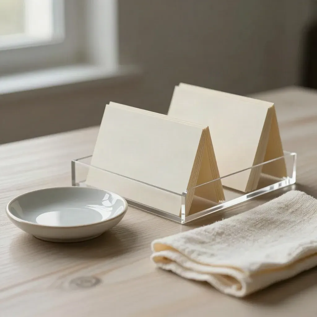 Cream name cards beside an acrylic holder, ceramic dish, and folded cloth on pale oak.