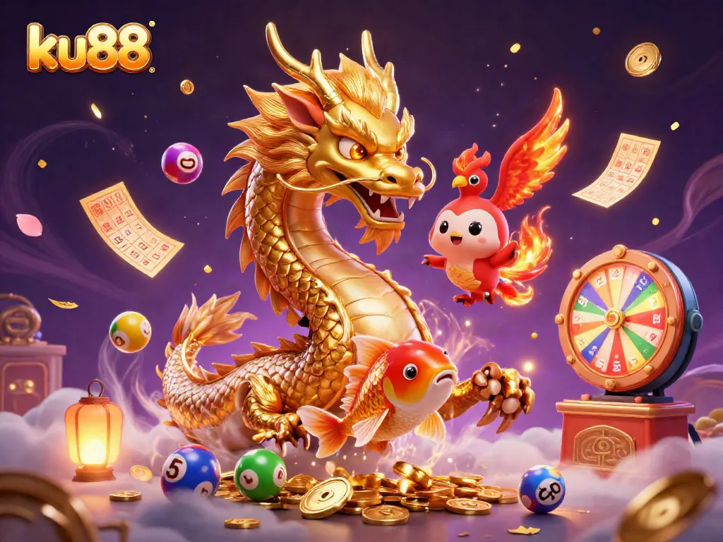 Engage with excitement at ku88, where a golden dragon and phoenix soar through coins and dynamic lottery elements.