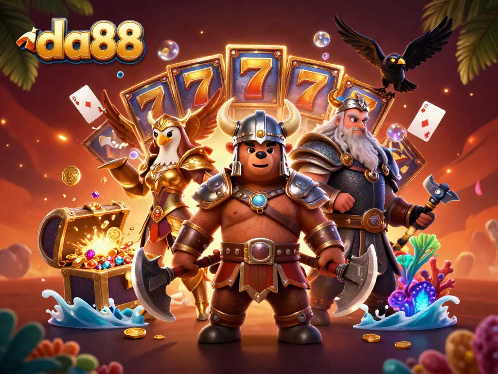 Catch the action at da88 with a vibrant scene of casino elements and fantasy characters.