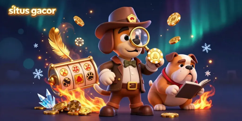 Situs gacor showcases a detective scene with slots, poker chips, and treasure clues in a vibrant illustration.