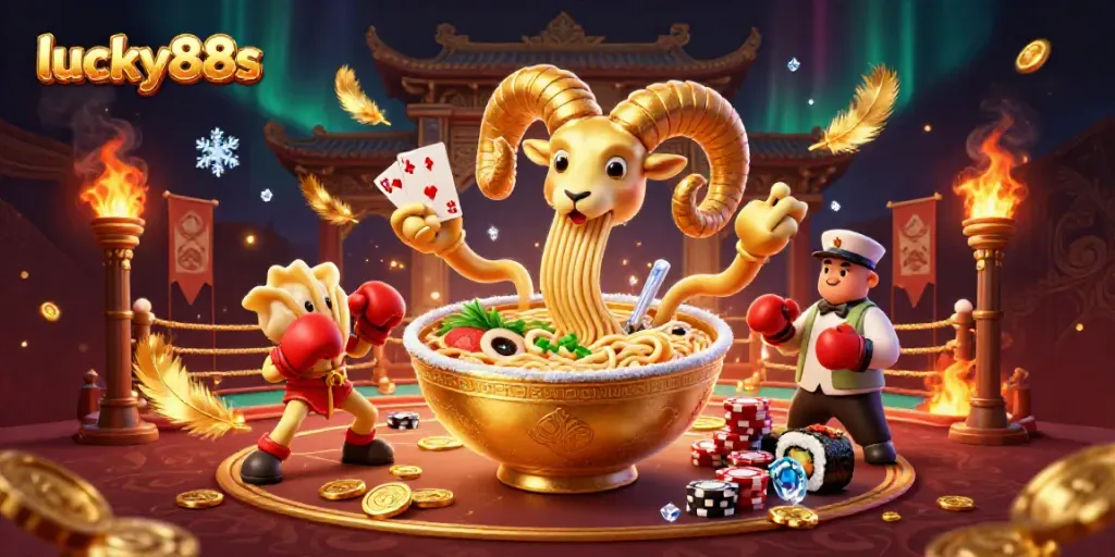 Engaging luck-filled scene featuring lucky88s with a golden ramen bowl, poker cards, and vibrant casino atmosphere