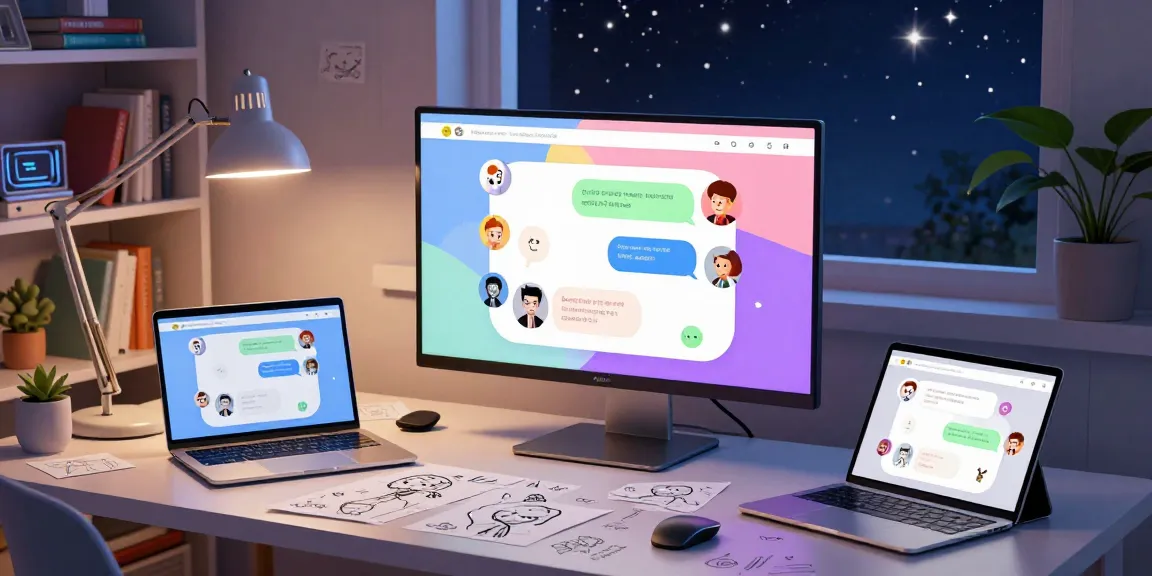 User engaging with crushonai characters on colorful chat interface in a cozy tech workspace.