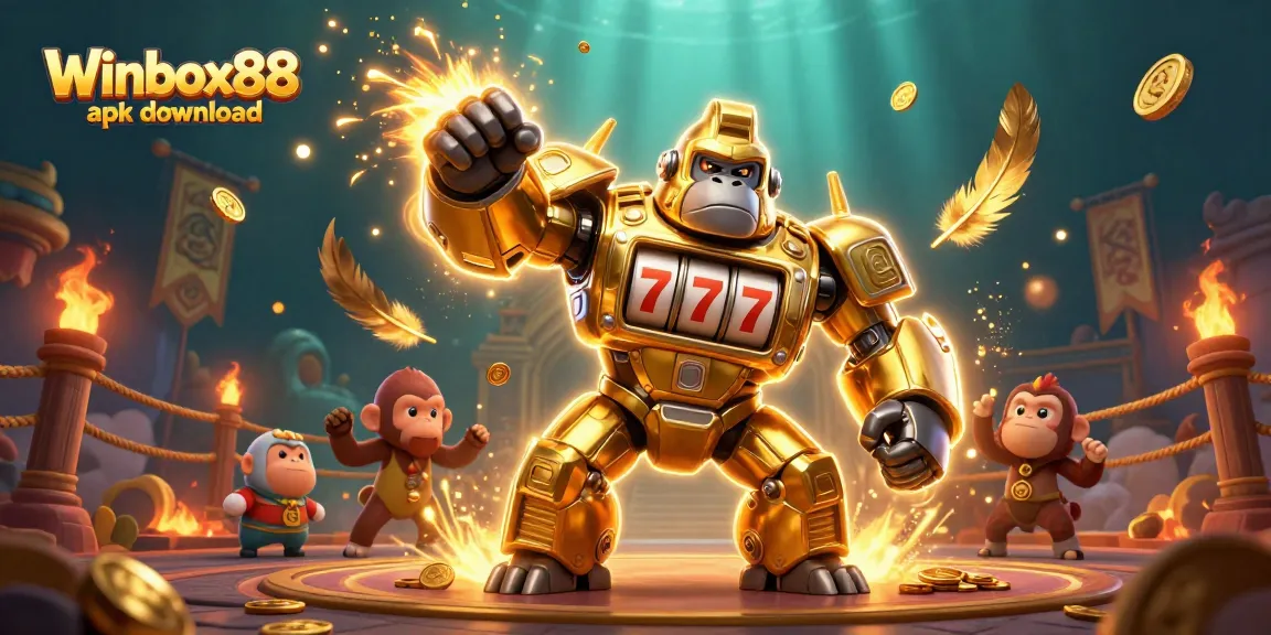 Winbox88 apk download illustrated with a golden gorilla mech and dynamic casino elements in an exciting scene.