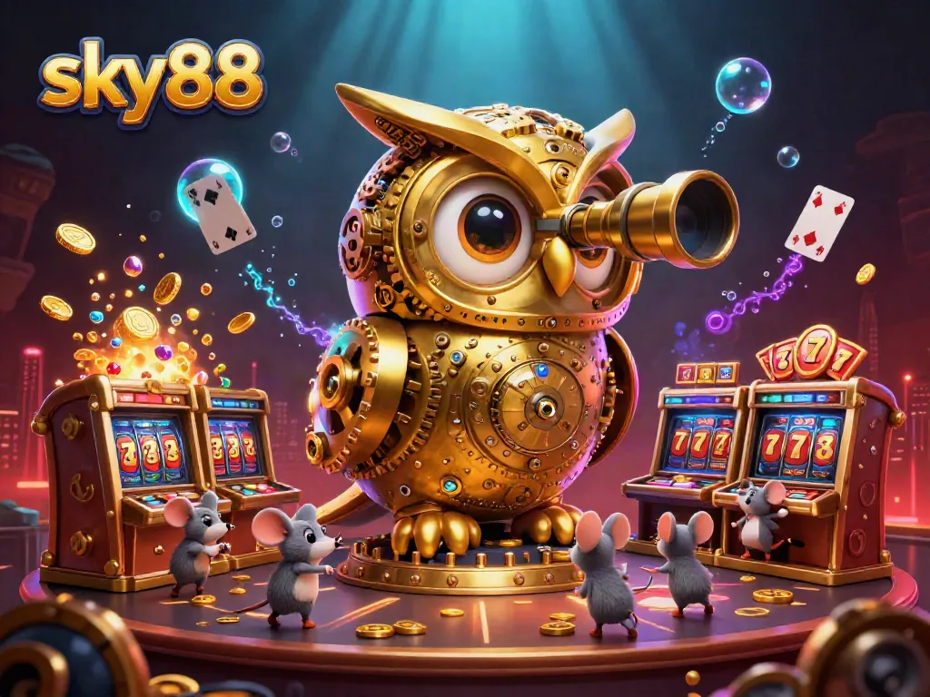 Experience thrilling casino action at sky88 with a dynamic, colorful illustration of slots and lucky symbols.