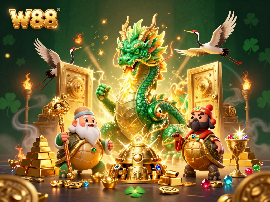 W88 showcases a dynamic 3D illustration of a jade dragon, turtle sage, and lucky cranes with vibrant casino elements.