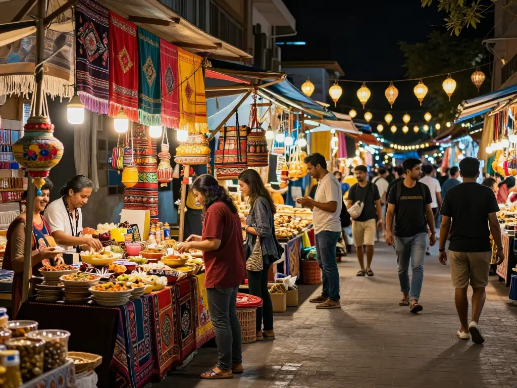 Night bazaar scene featuring vibrant stalls and shoppers exploring rokok88 link products.